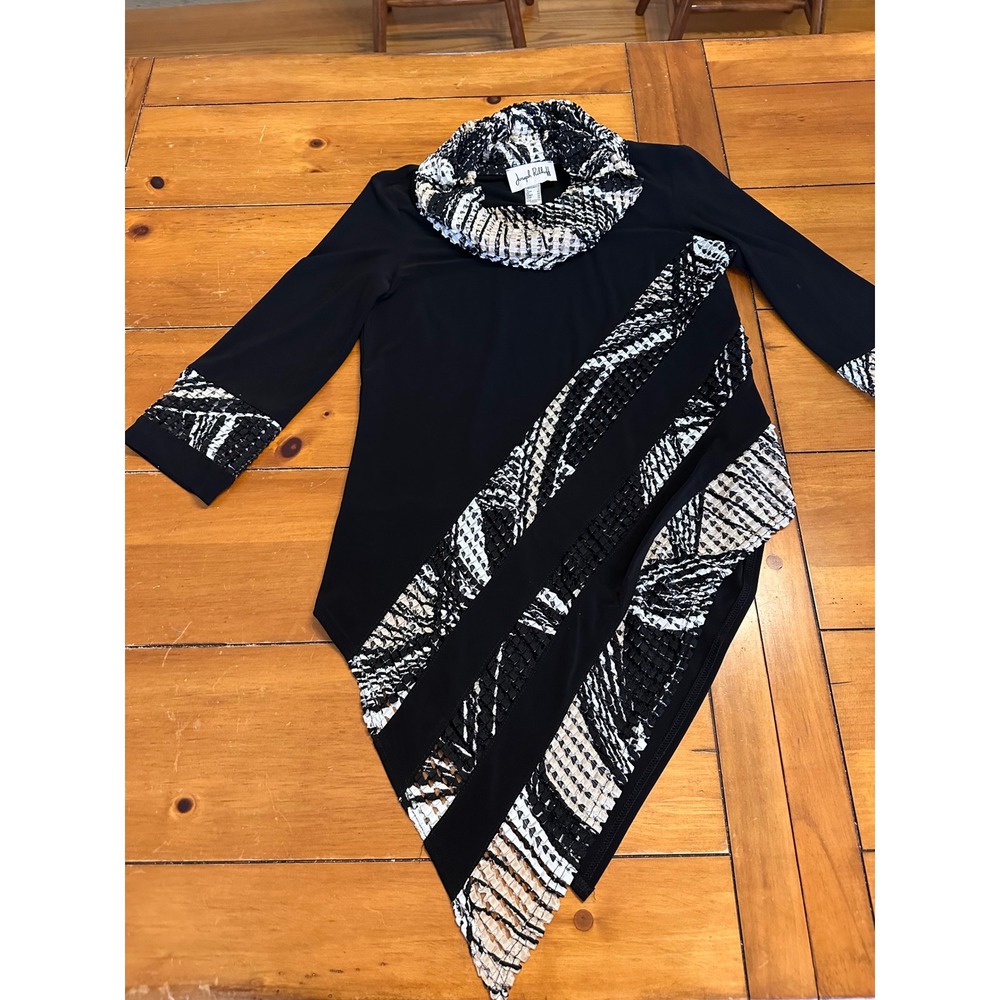 Joseph Ribkoff Black White Asymmetric Cowl Neck Tunic Top 191787 Size 10